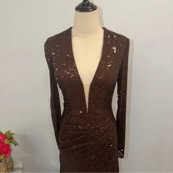 IEENA Mac Duggal Chocolate Brown Sequins Embellished Long Sleeve High Slit Gown